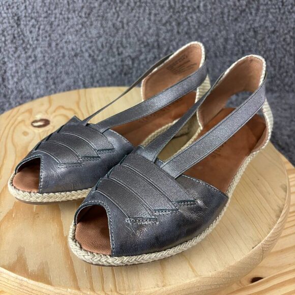 Gentle Souls Lena Leather Espadrille Sandals Womens 8 Silver Slip On Peep Toe - Picture 2 of 9